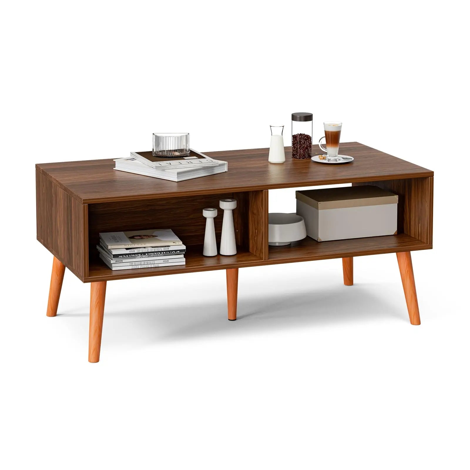 Boho Coffee Table with Rattan Drawer and Solid Wood Legs, Small Living Room Table with Storage, Walnut ZttRiee