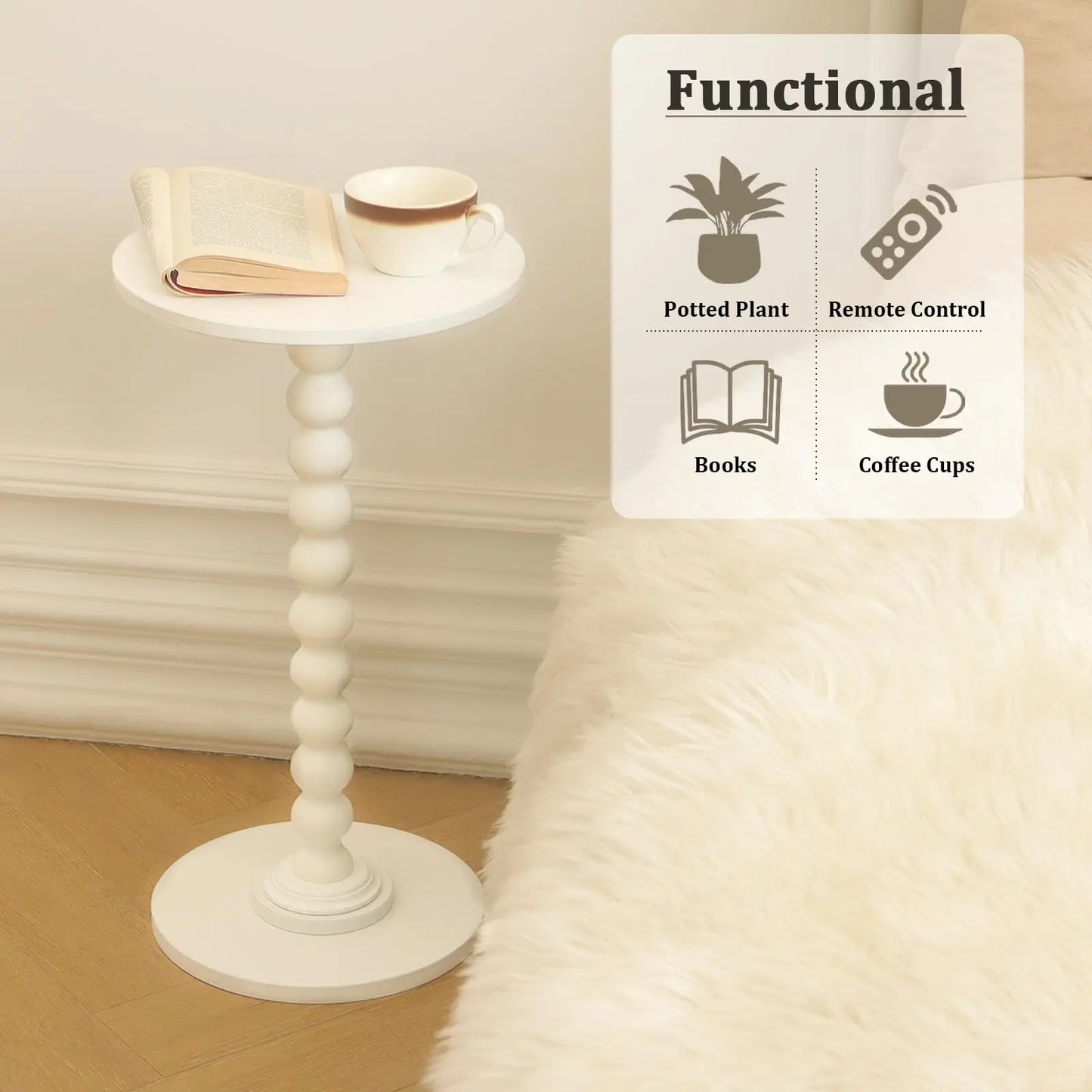 Round Side Table, Small Modern Drink Table with Solid Wood Legs for Living Room, Bedroom, Office, White Fultyle