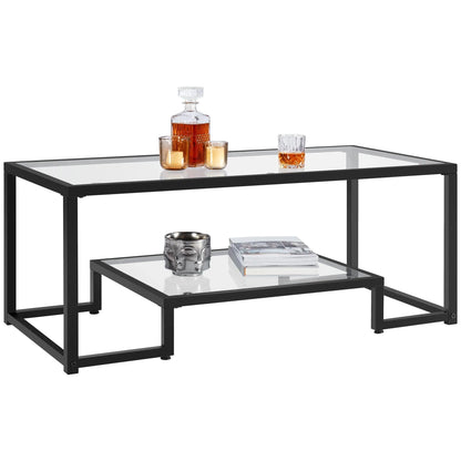 Yaheetech Coffee Table, Tempered Glass Coffee Table, Modern Simple Center Tables w/Geometric-Inspired Design & Metal-Frame & Easy Assembly & Open Storage Shelf for Living Room, Office, Black Yaheetech
