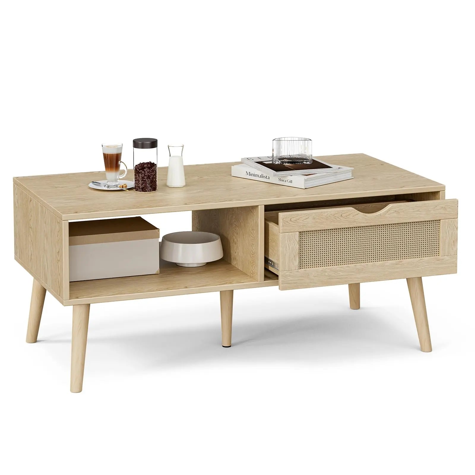 Boho Coffee Table with Rattan Drawer and Solid Wood Legs, Small Living Room Table with Storage, Oak ZttRiee