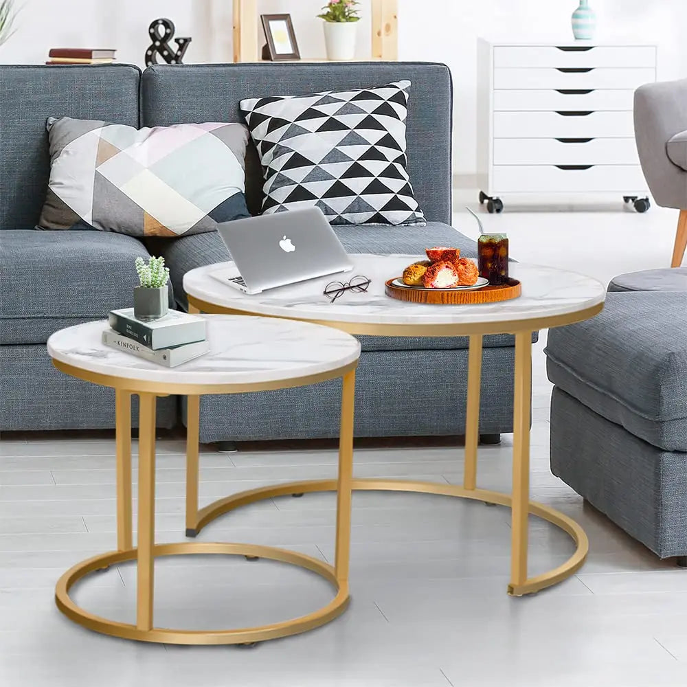 Nesting Coffee Table Set of 2, Round Marble Pattern Wooden Tables with Gold Frame for Living Room or Bedroom, White aboxoo