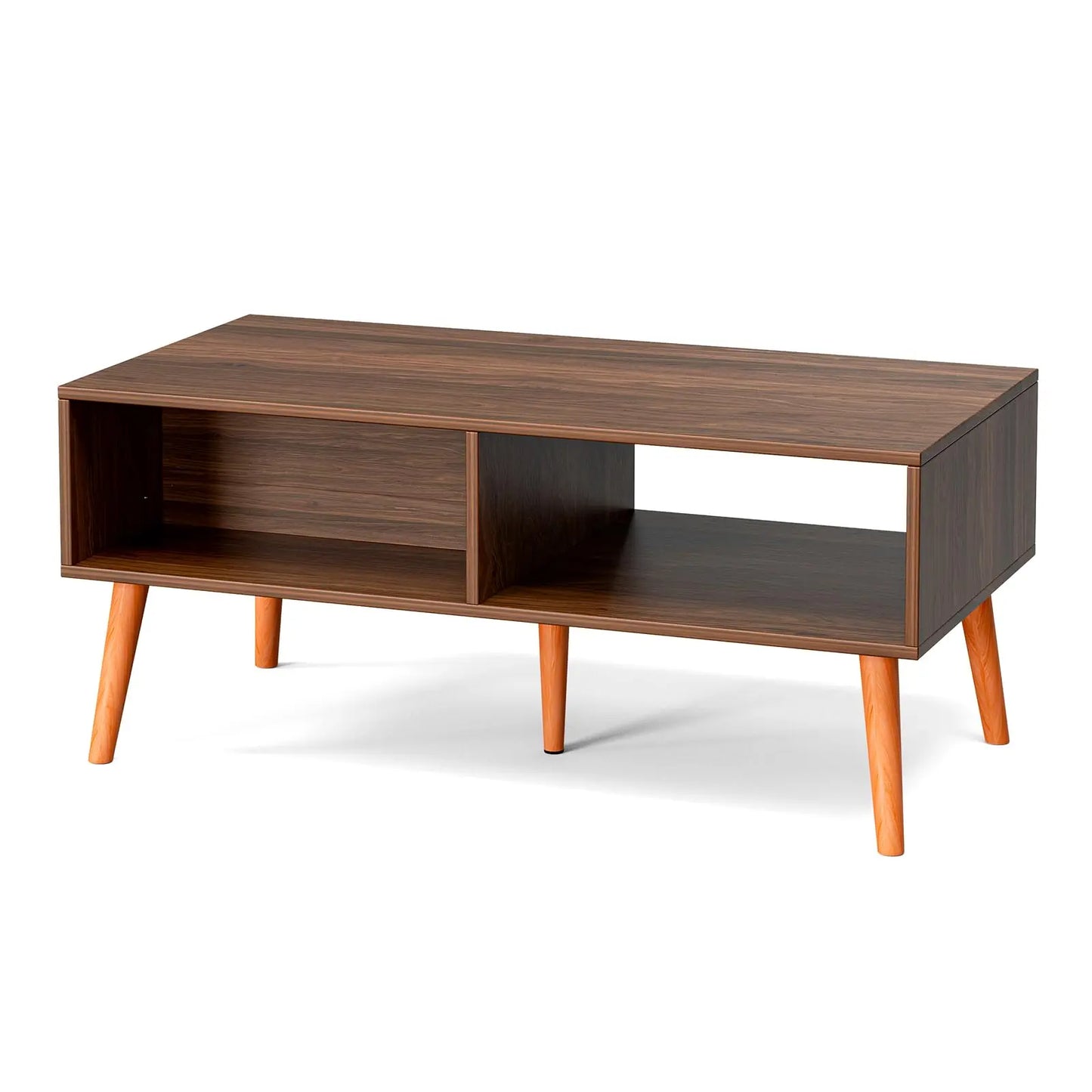 Boho Coffee Table with Rattan Drawer and Solid Wood Legs, Small Living Room Table with Storage, Walnut ZttRiee