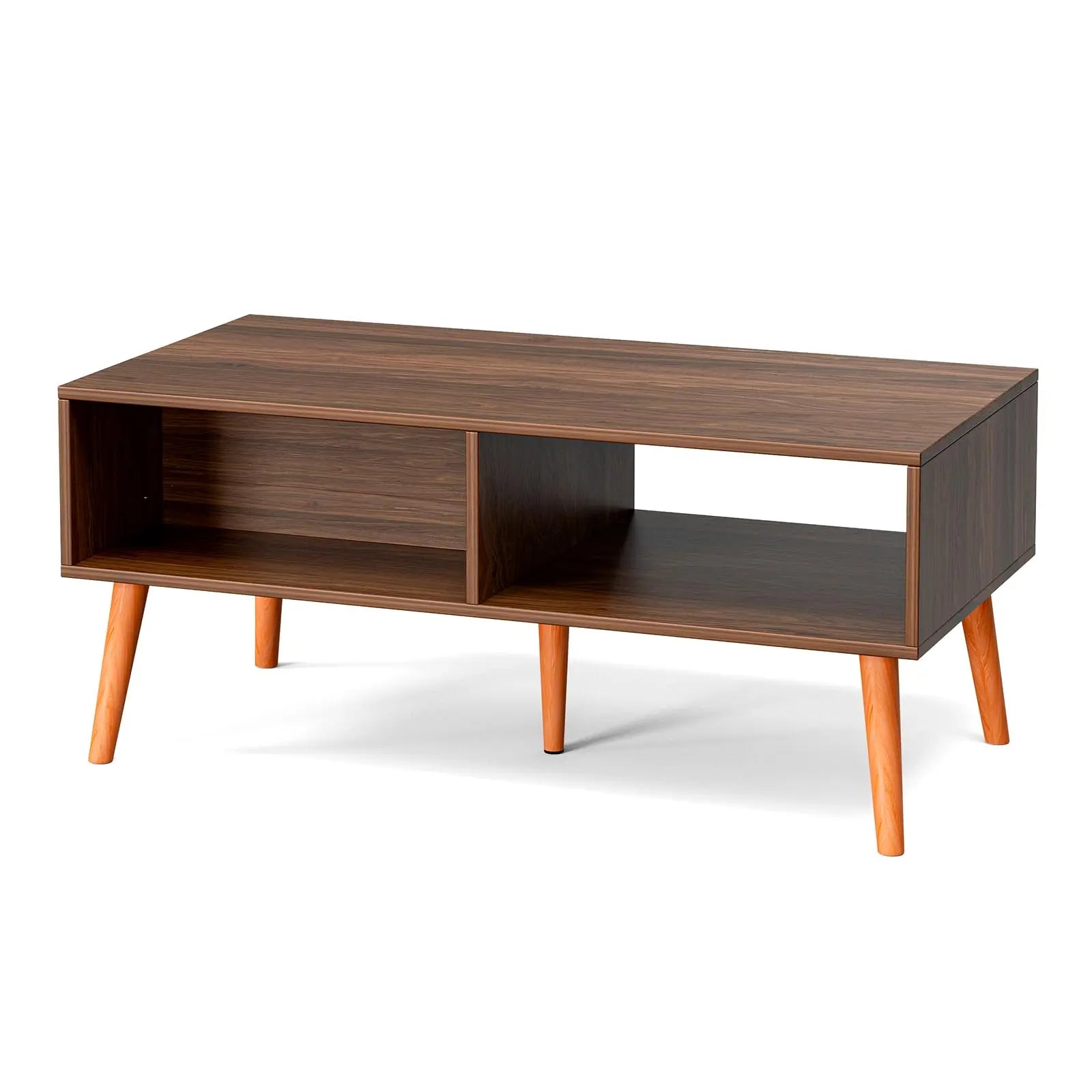 Boho Coffee Table with Rattan Drawer and Solid Wood Legs, Small Living Room Table with Storage, Walnut ZttRiee