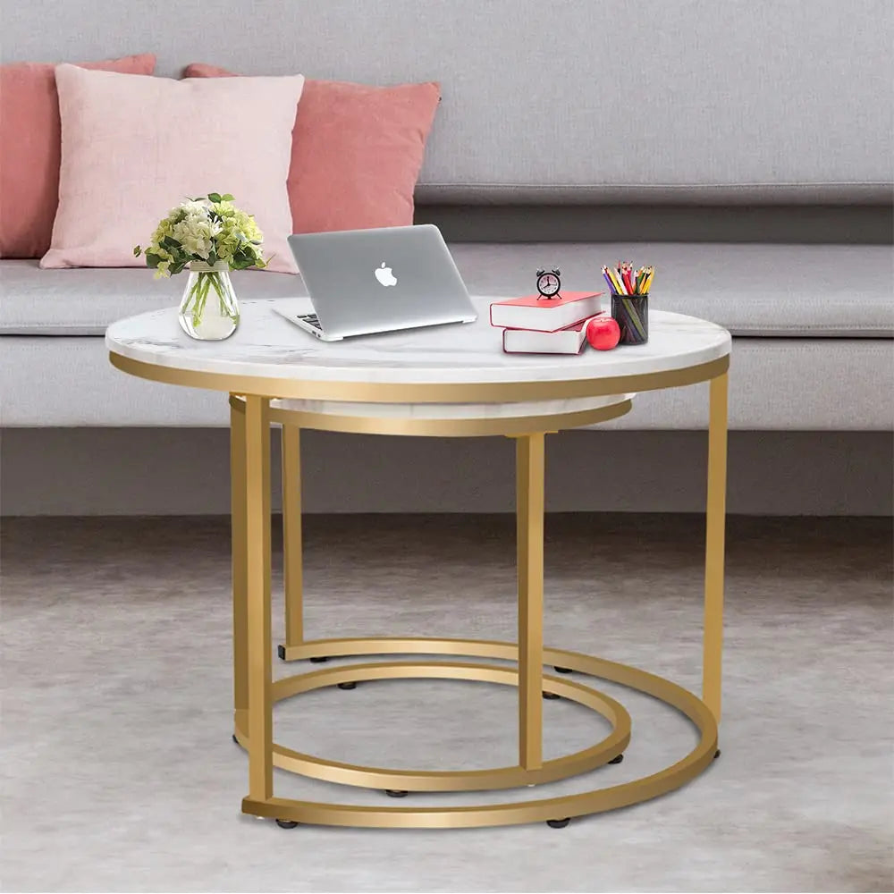 Nesting Coffee Table Set of 2, Round Marble Pattern Wooden Tables with Gold Frame for Living Room or Bedroom, White aboxoo