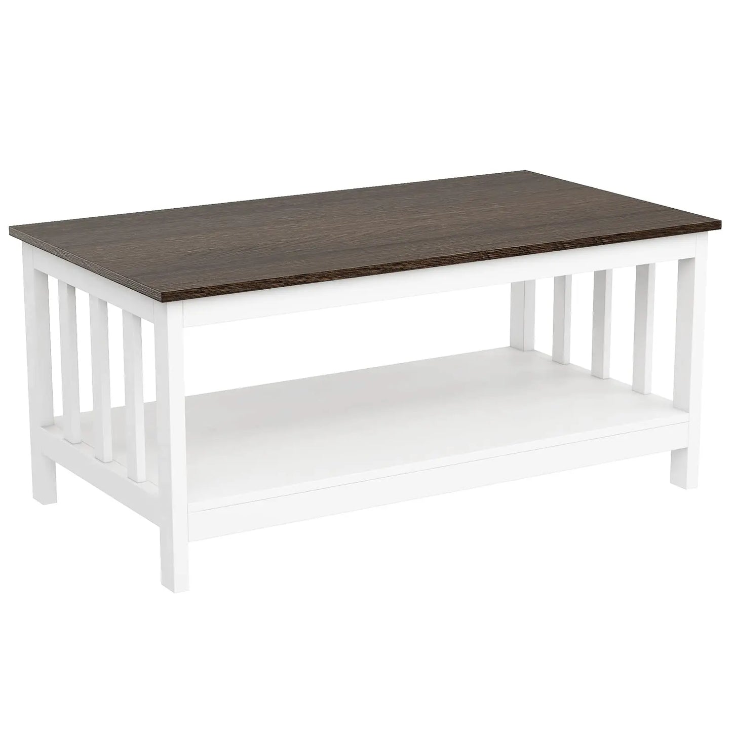 White Farmhouse Coffee Table with Shelf, 40 Inch Living Room Table ChooChoo