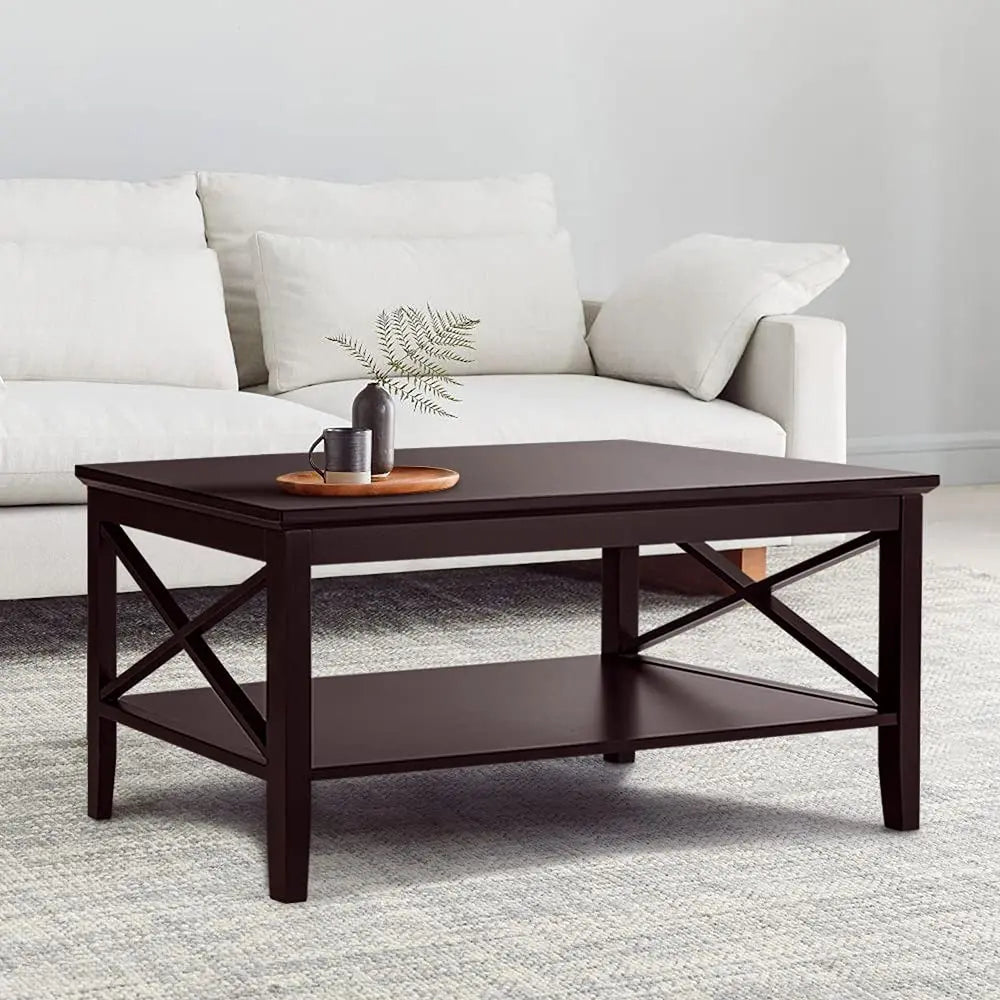 Espresso Wood Coffee Table with Thick Legs and Storage, 40 Inch Living Room Table ChooChoo