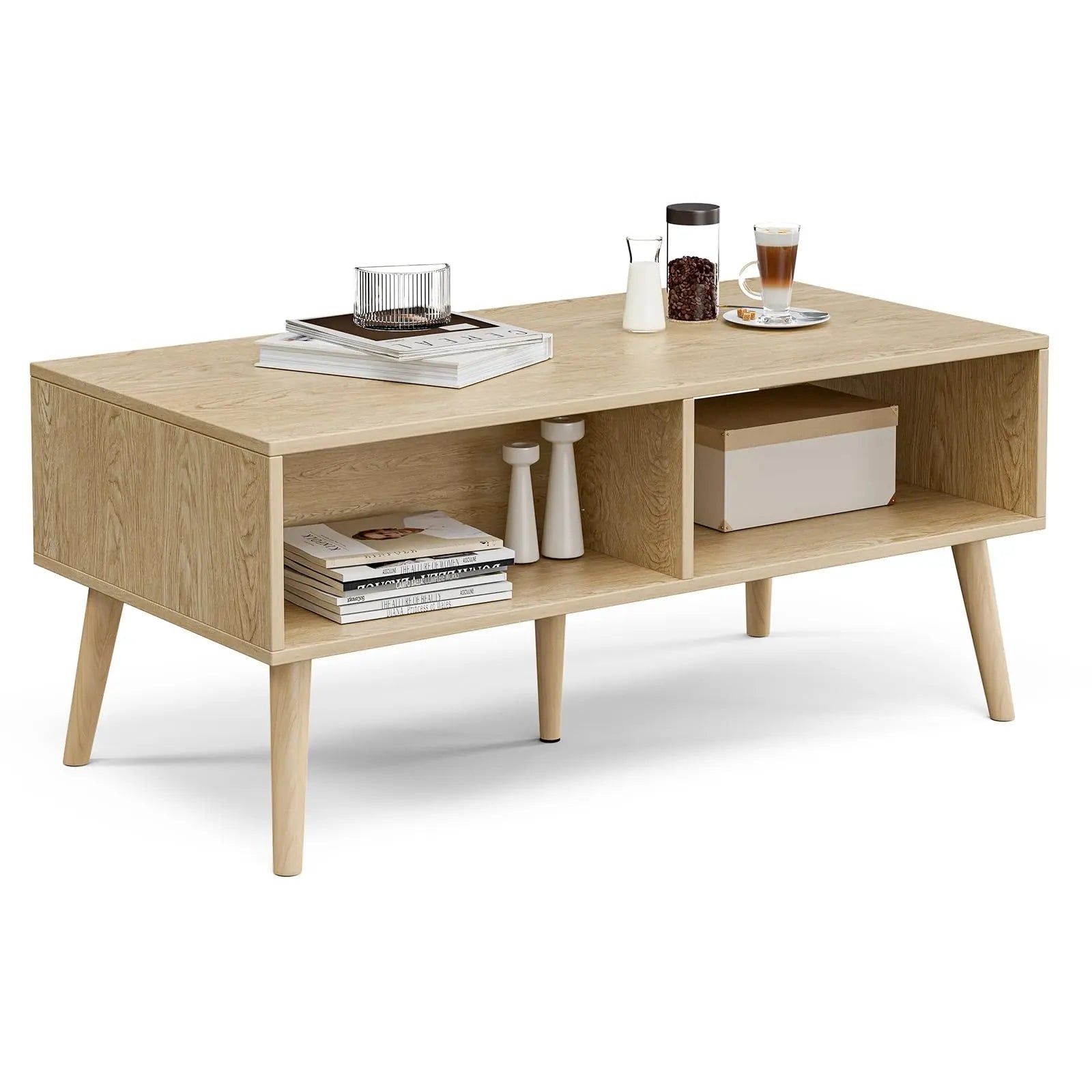 Boho Coffee Table with Rattan Drawer and Solid Wood Legs, Small Living Room Table with Storage, Oak ZttRiee