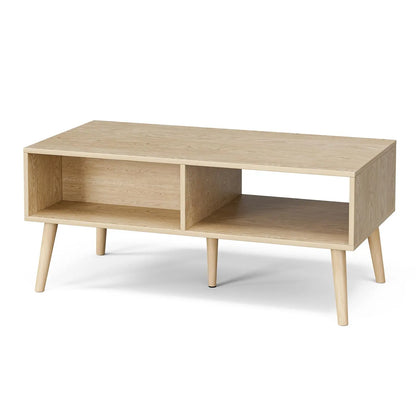 Boho Coffee Table with Rattan Drawer and Solid Wood Legs, Small Living Room Table with Storage, Oak ZttRiee