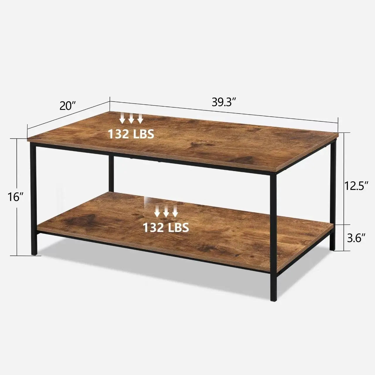 2-Tier Coffee Table with Storage Shelf, Brown Wood and Metal Frame Rectangle Table for Living Room, 39.3"x20"x16" SENIG
