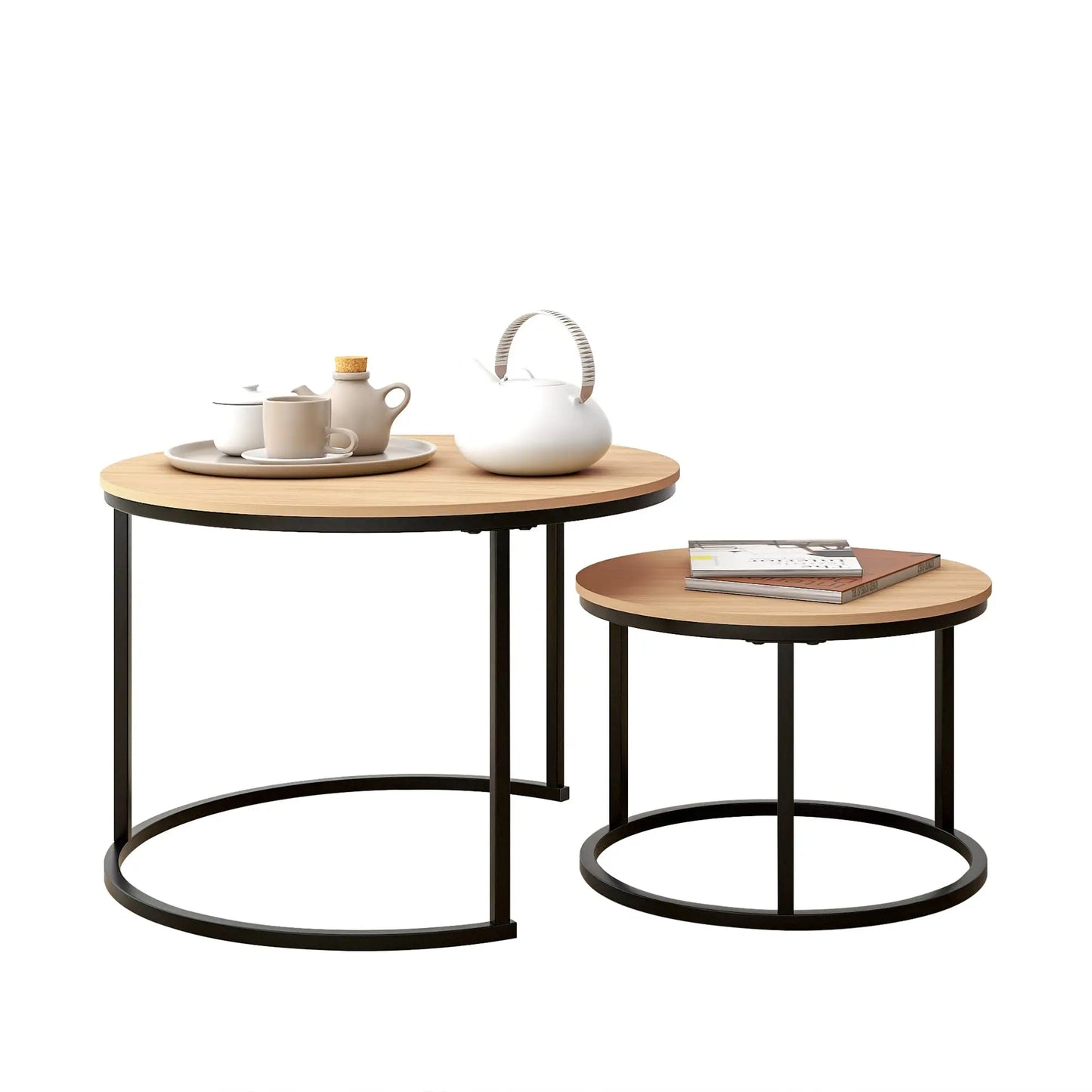 Industrial Round Coffee Table Set of 2, Stacking Side Tables with Wood-Look Top and Metal Frame for Living Room, Black/Teak HOJINLINERO