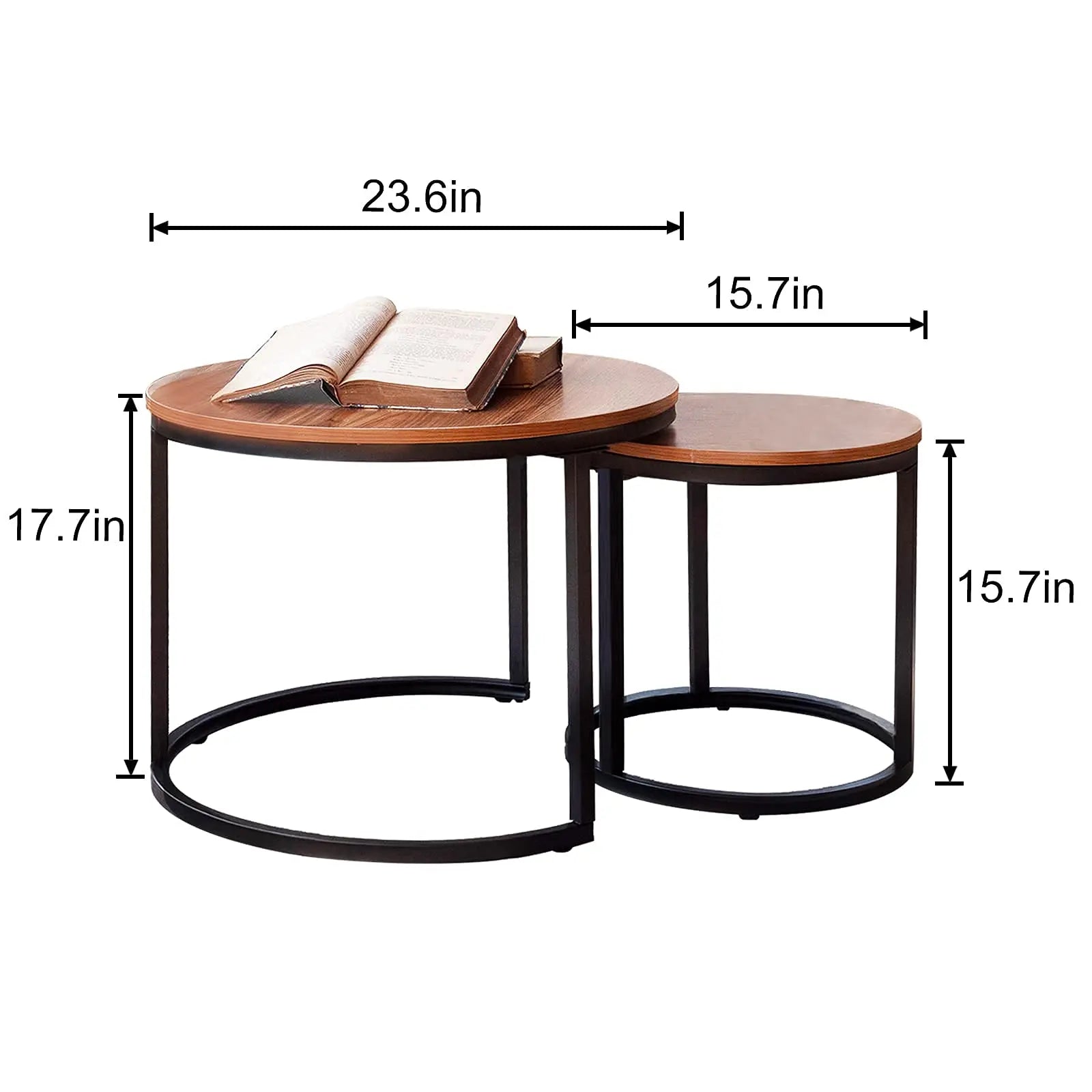 Nesting Coffee Table Set of 2, Round End Tables with Sturdy Metal Frame for Living Room or Bedroom, Modern Industrial Style aboxoo