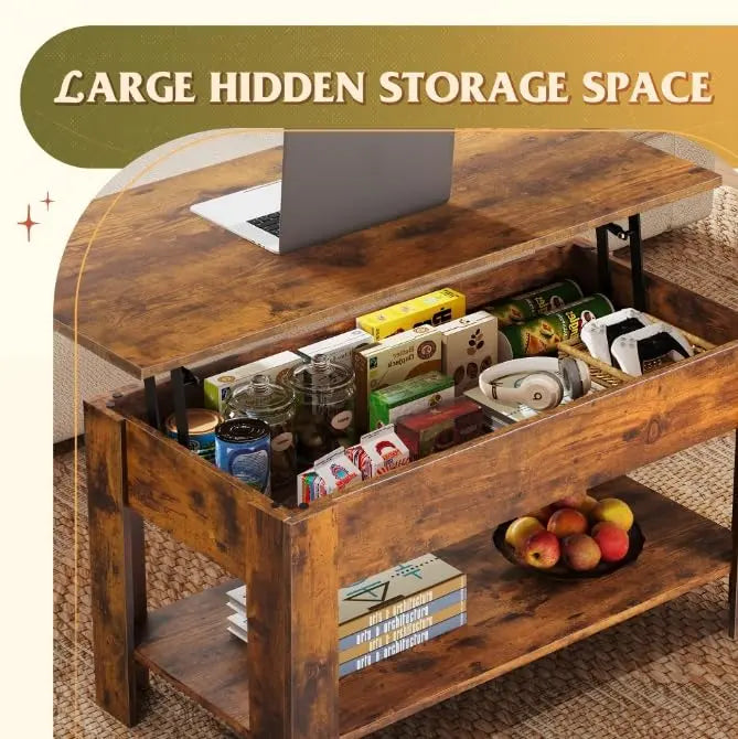 39" Lift Top Coffee Table with Hidden Compartment and Storage Shelf for Living Room or Office, Rustic Brown WLIVE
