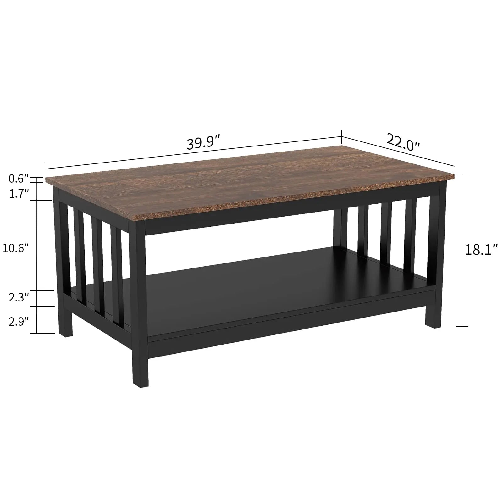 Black Farmhouse Coffee Table with Shelf, 40 Inch Living Room Table ChooChoo