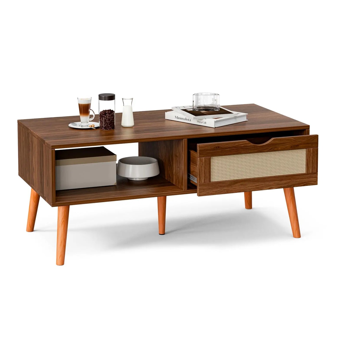 Boho Coffee Table with Rattan Drawer and Solid Wood Legs, Small Living Room Table with Storage, Walnut ZttRiee