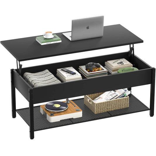 Lift Top Coffee Table with Storage Shelf and Hidden Compartment, Modern Wood and Metal Table for Living Room, Black Homieasy