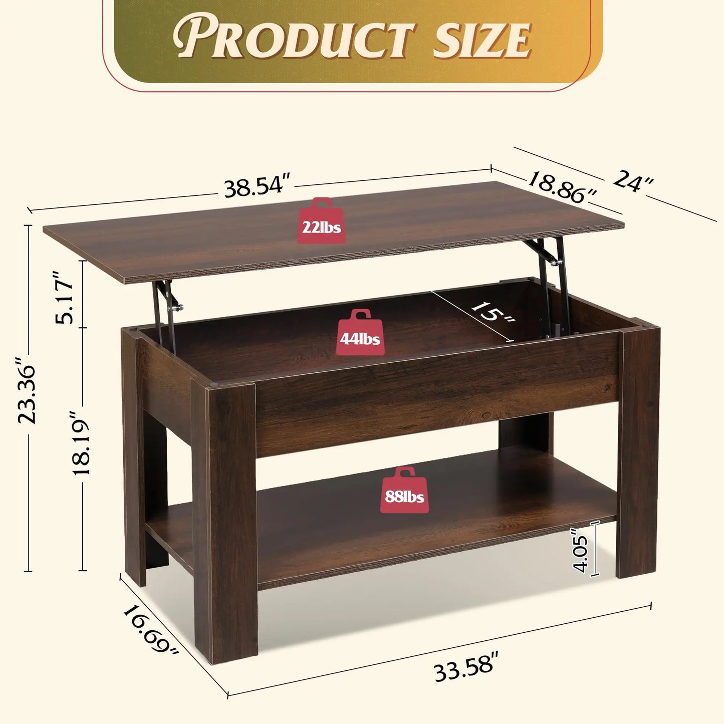 39" Lift Top Coffee Table with Hidden Compartment and Storage Shelf for Living Room or Office, Espresso WLIVE