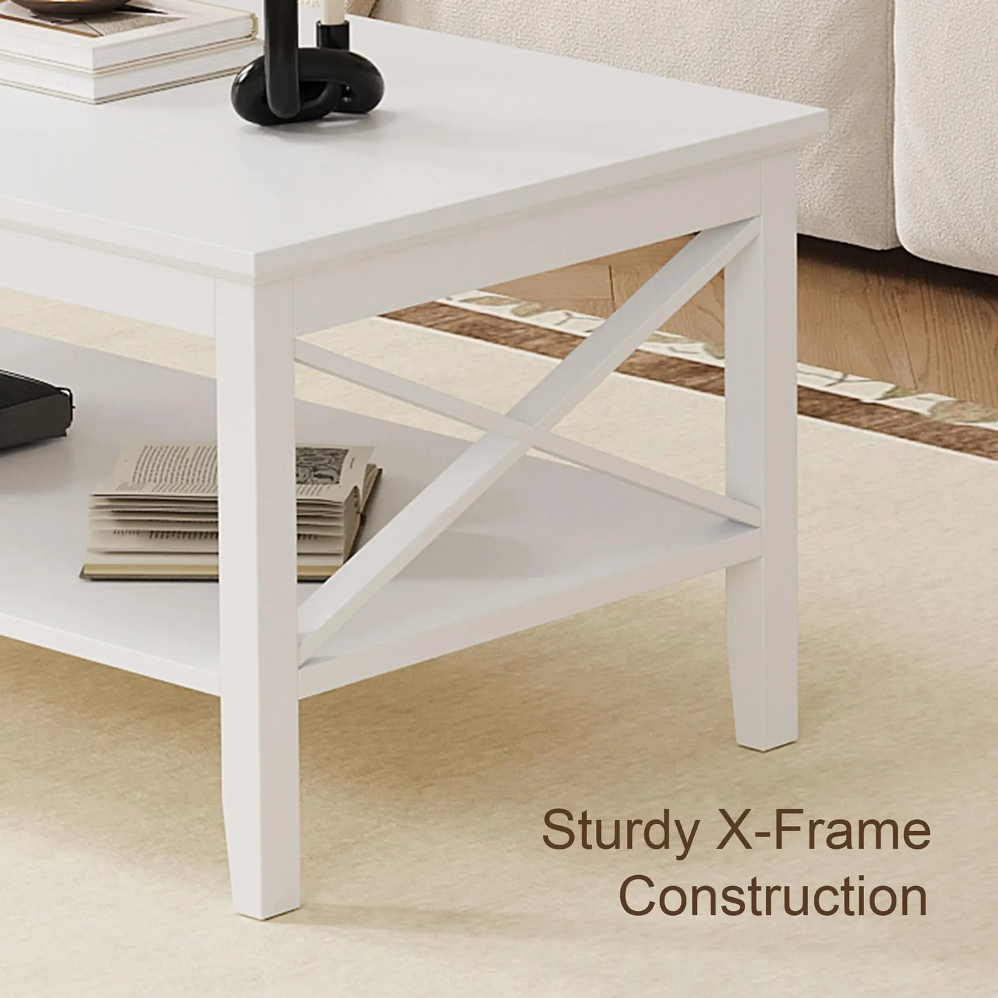 White Rectangular Coffee Table with X Design and Storage Shelf, 39 Inch Modern Living Room Table ChooChoo