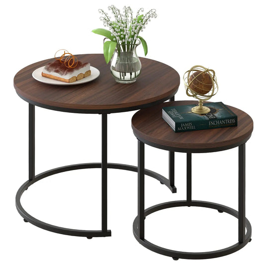 Nesting Coffee Table Set of 2, Round End Tables with Sturdy Metal Frame for Living Room or Bedroom, Modern Industrial Style aboxoo