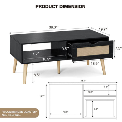 Boho Coffee Table with Sliding Rattan Door and Solid Wood Legs, Small Living Room Table with Storage, Black ZttRiee