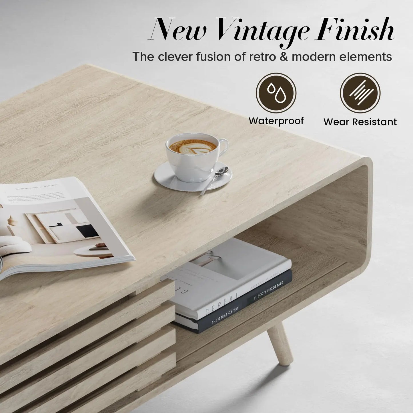 Farmhouse Wood Coffee Table with Storage for Living Room, Easy Assembly, Oak Easyego