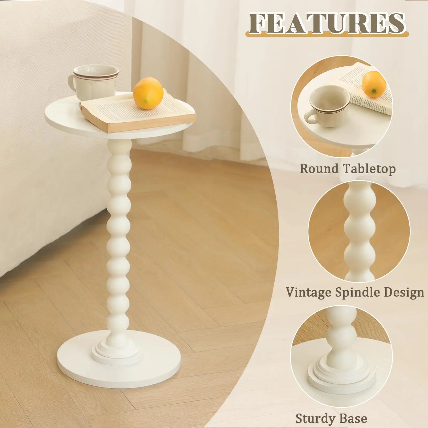 Round Side Table, Small Modern Drink Table with Solid Wood Legs for Living Room, Bedroom, Office, White Fultyle