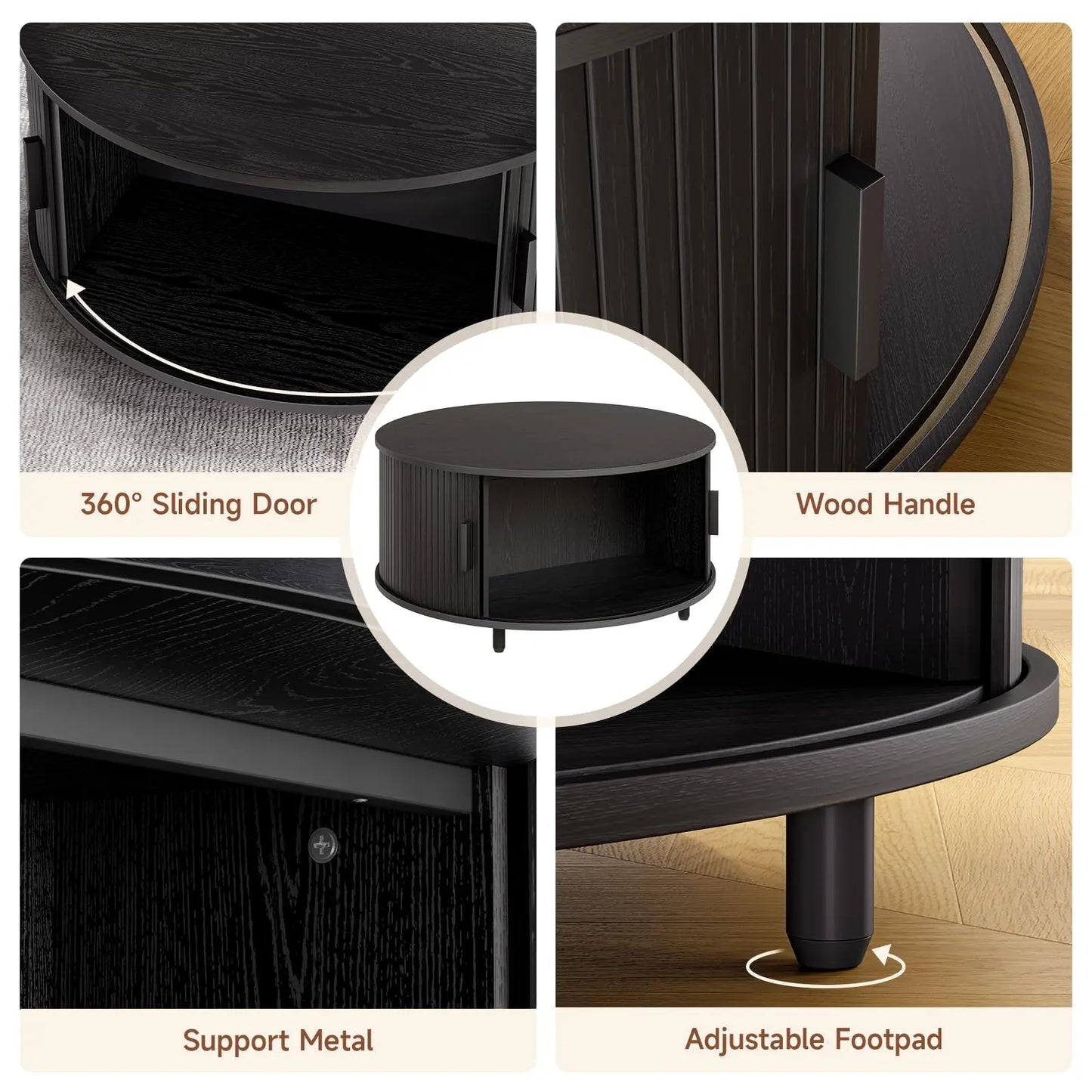 Round Coffee Table with Storage, 31.5" Modern Fluted Wood Table with 360° Sliding Door and Adjustable Footpads, Black ONBRILL
