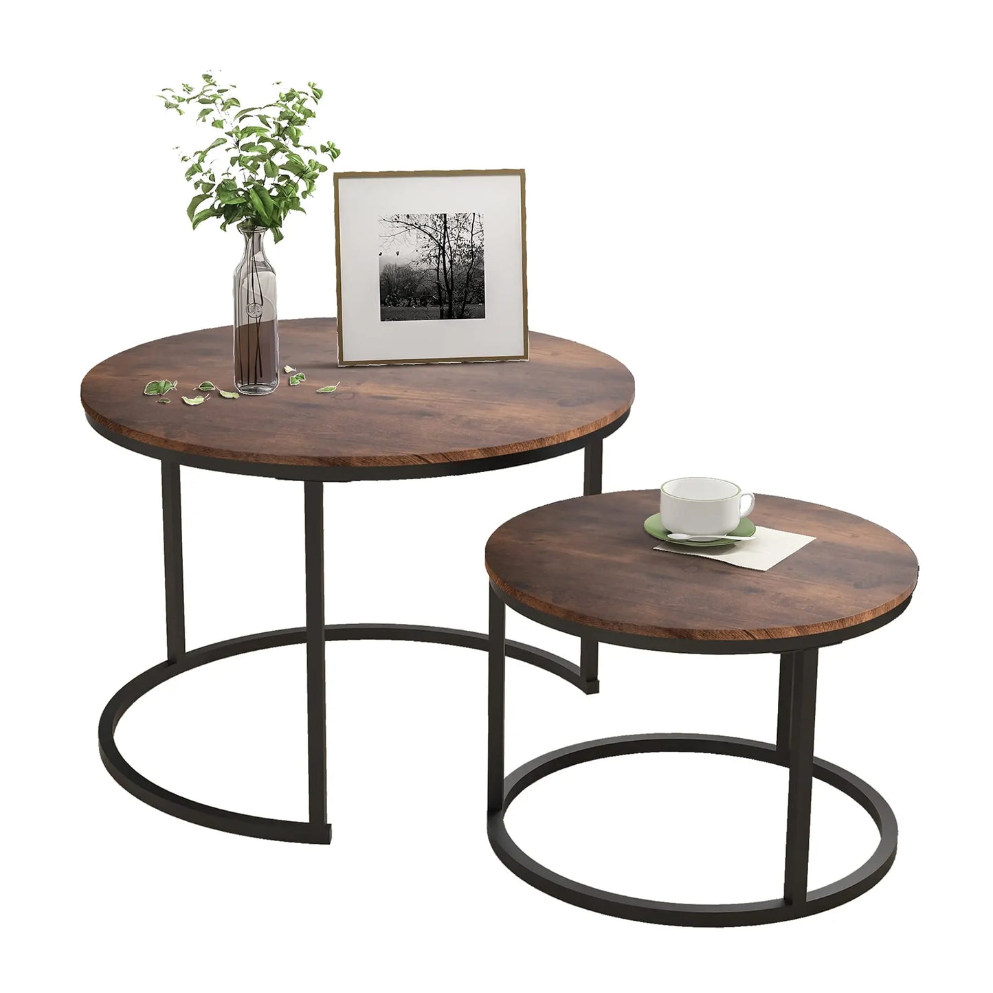 Industrial Round Coffee Table Set of 2, Stacking Side Tables with Wood-Look Top and Metal Frame for Living Room, Black/Rustic Brown HOJINLINERO