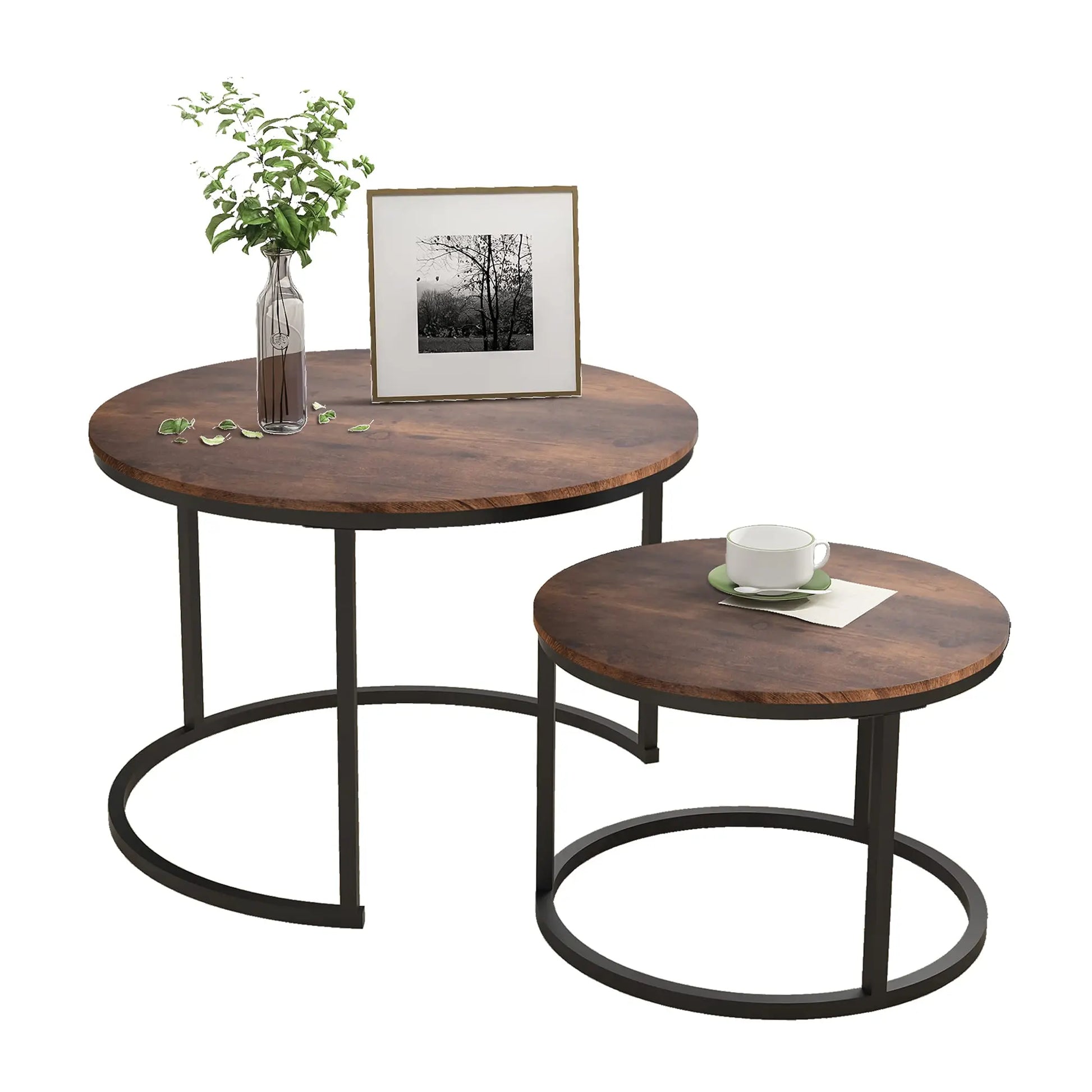Industrial Round Coffee Table Set of 2, Stacking Side Tables with Wood-Look Top and Metal Frame for Living Room, Black/Rustic Brown HOJINLINERO