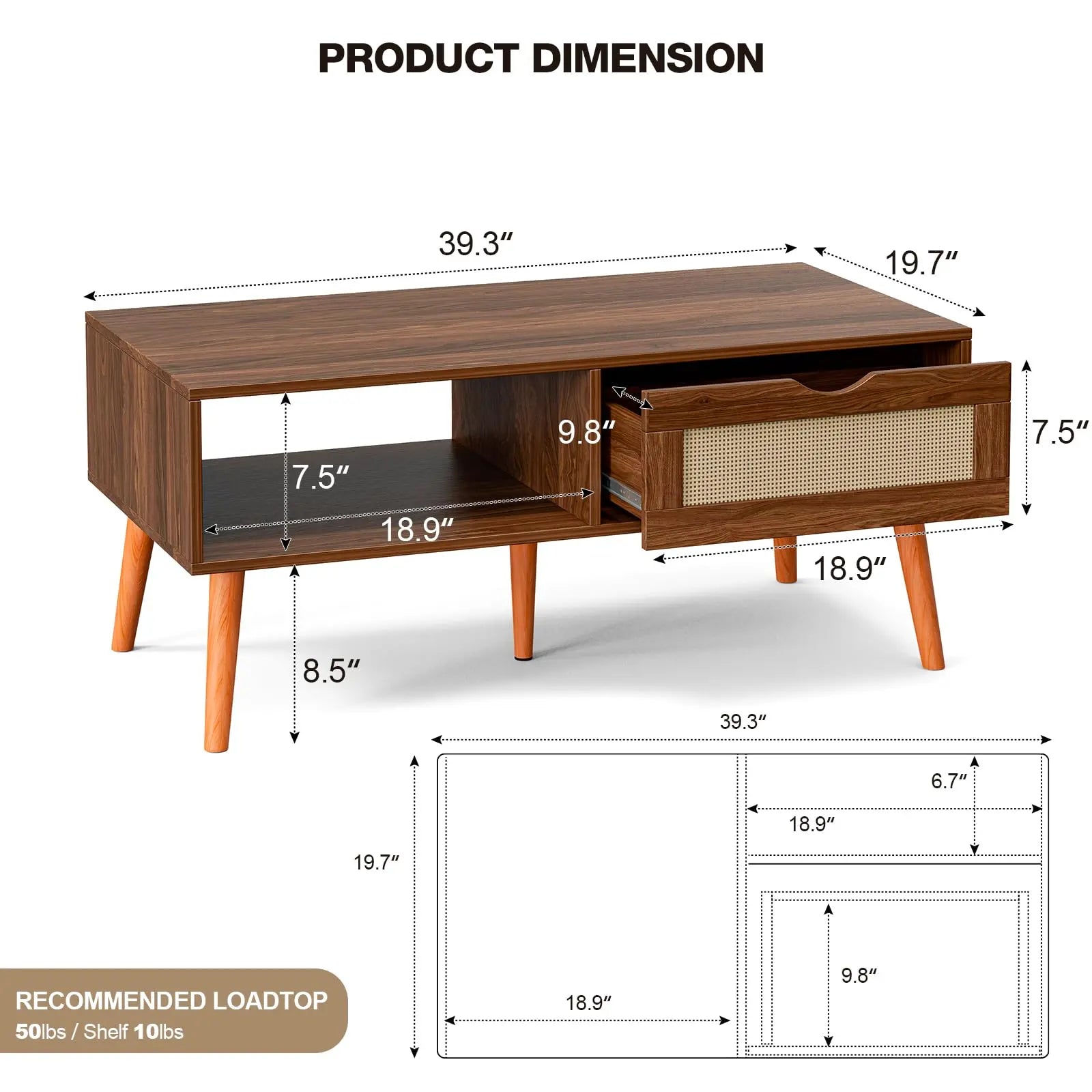 Boho Coffee Table with Rattan Drawer and Solid Wood Legs, Small Living Room Table with Storage, Walnut ZttRiee