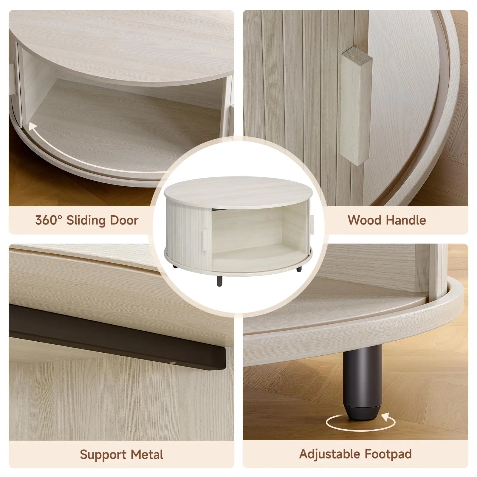 Round Coffee Table with Storage, 31.5" Modern Fluted Wood Table with 360° Sliding Door and Adjustable Footpads, Natural White ONBRILL
