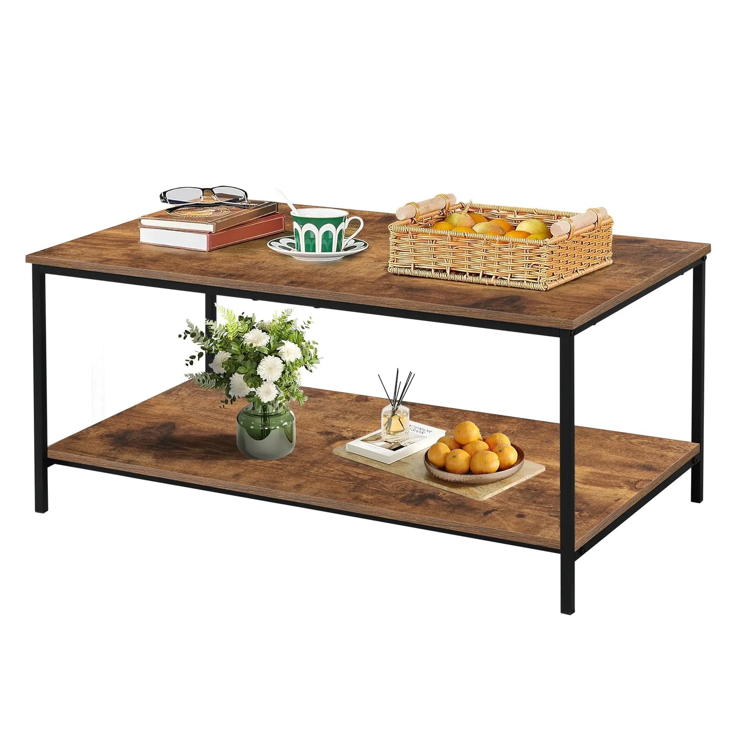 2-Tier Coffee Table with Storage Shelf, Brown Wood and Metal Frame Rectangle Table for Living Room, 39.3"x20"x16" SENIG
