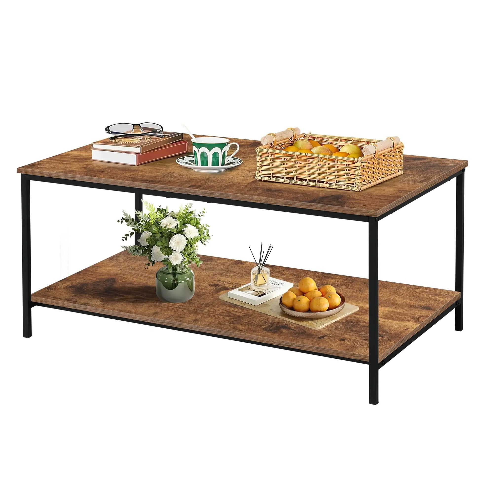 2-Tier Coffee Table with Storage Shelf, Brown Wood and Metal Frame Rectangle Table for Living Room, 39.3"x20"x16" SENIG