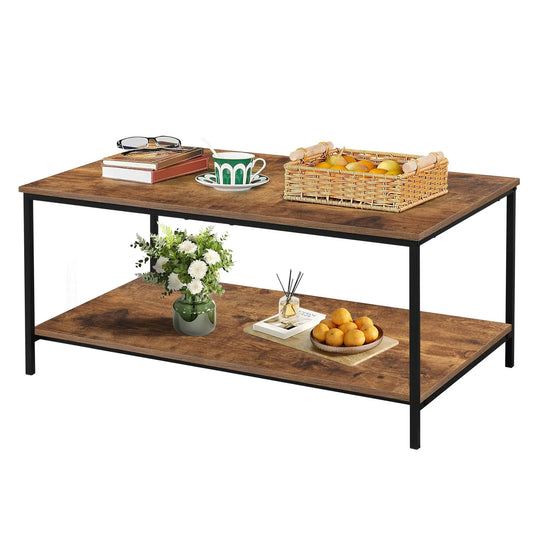 2-Tier Coffee Table with Storage Shelf, Brown Wood and Metal Frame Rectangle Table for Living Room, 39.3"x20"x16" SENIG