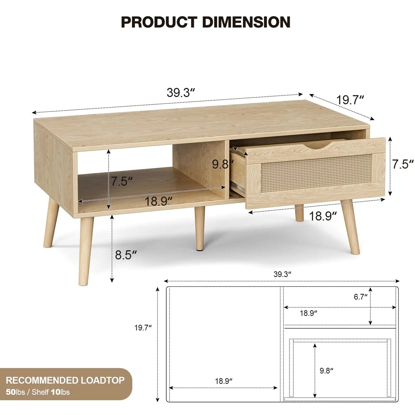 Boho Coffee Table with Rattan Drawer and Solid Wood Legs, Small Living Room Table with Storage, Oak ZttRiee