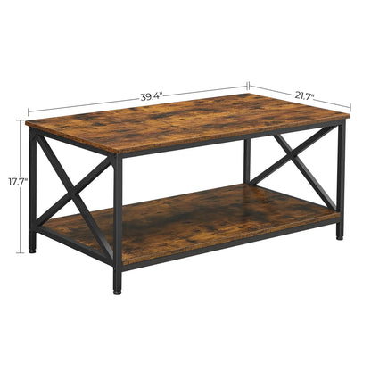Industrial Farmhouse Coffee Table with X-Shape Steel Frame and Storage Shelf, 39.4"x21.7"x17.7", Rustic Brown/Black VASAGLE