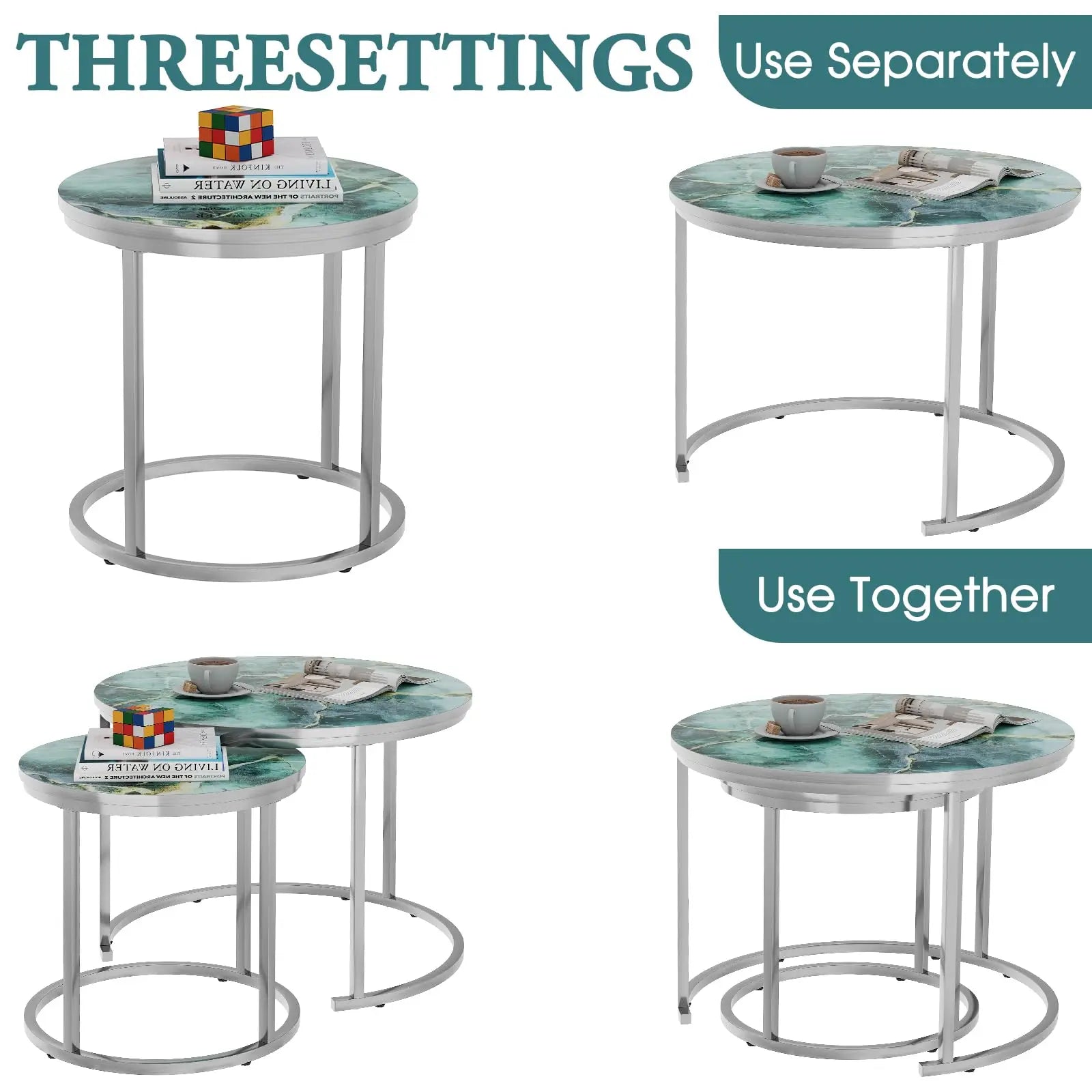 Nesting Coffee Table Set of 2, Round Green Art Top Tables with Sturdy Metal Frame for Living Room or Bedroom, Modern Industrial Style aboxoo