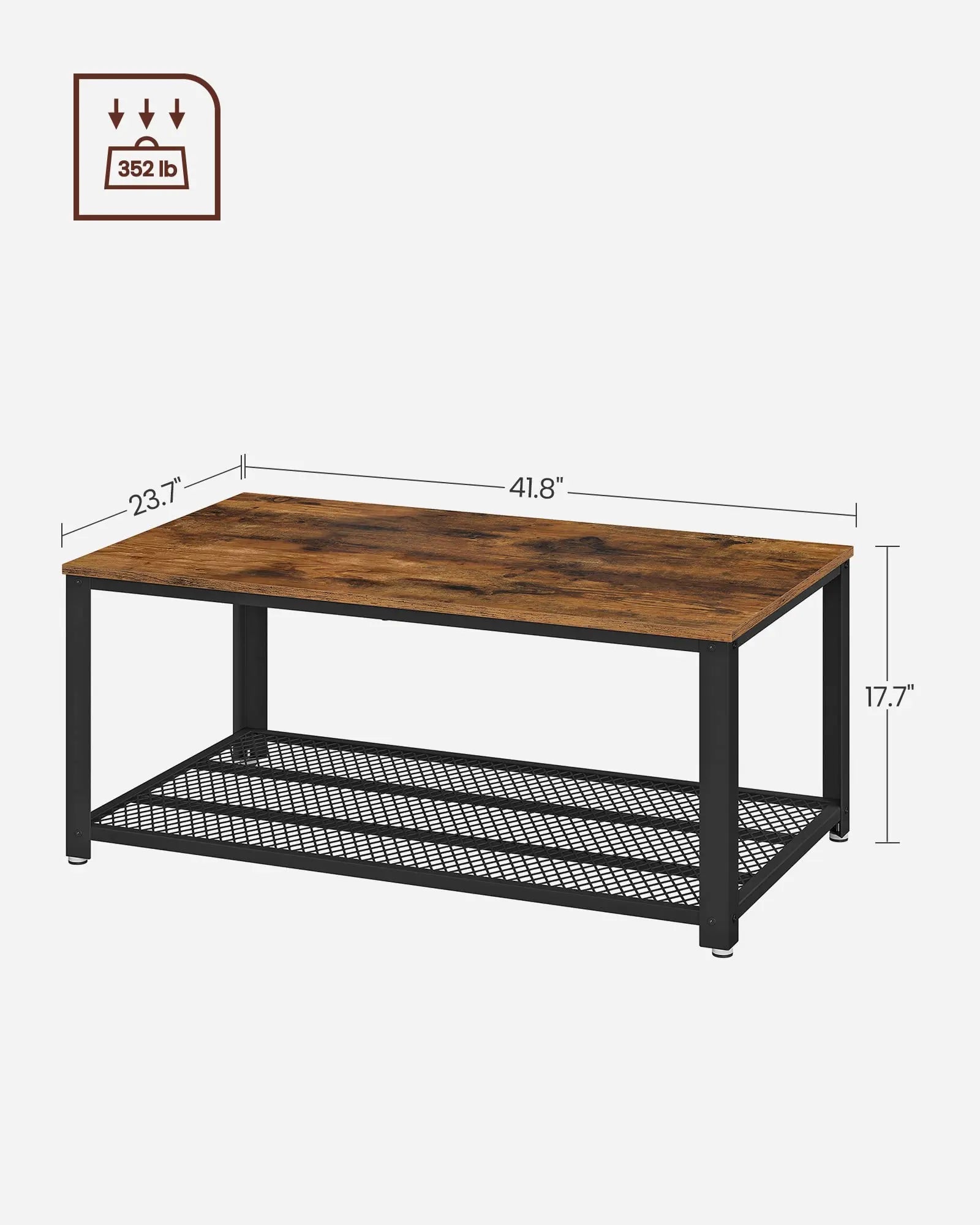 2-Tier Industrial Coffee Table with Mesh Shelf, Steel Frame, Adjustable Feet for Living Room, Rustic Brown/Black VASAGLE
