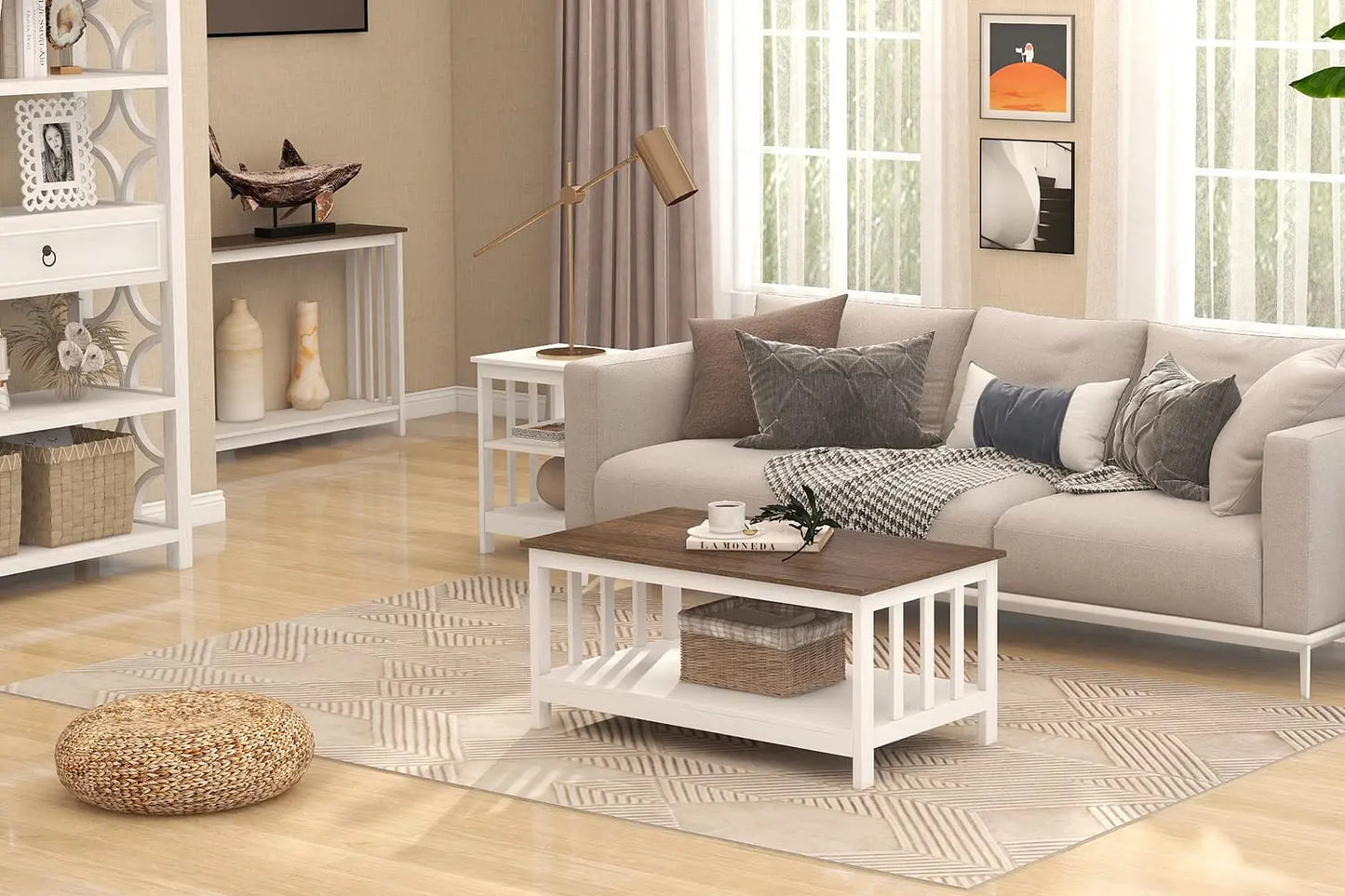 White Farmhouse Coffee Table with Shelf, 40 Inch Living Room Table ChooChoo