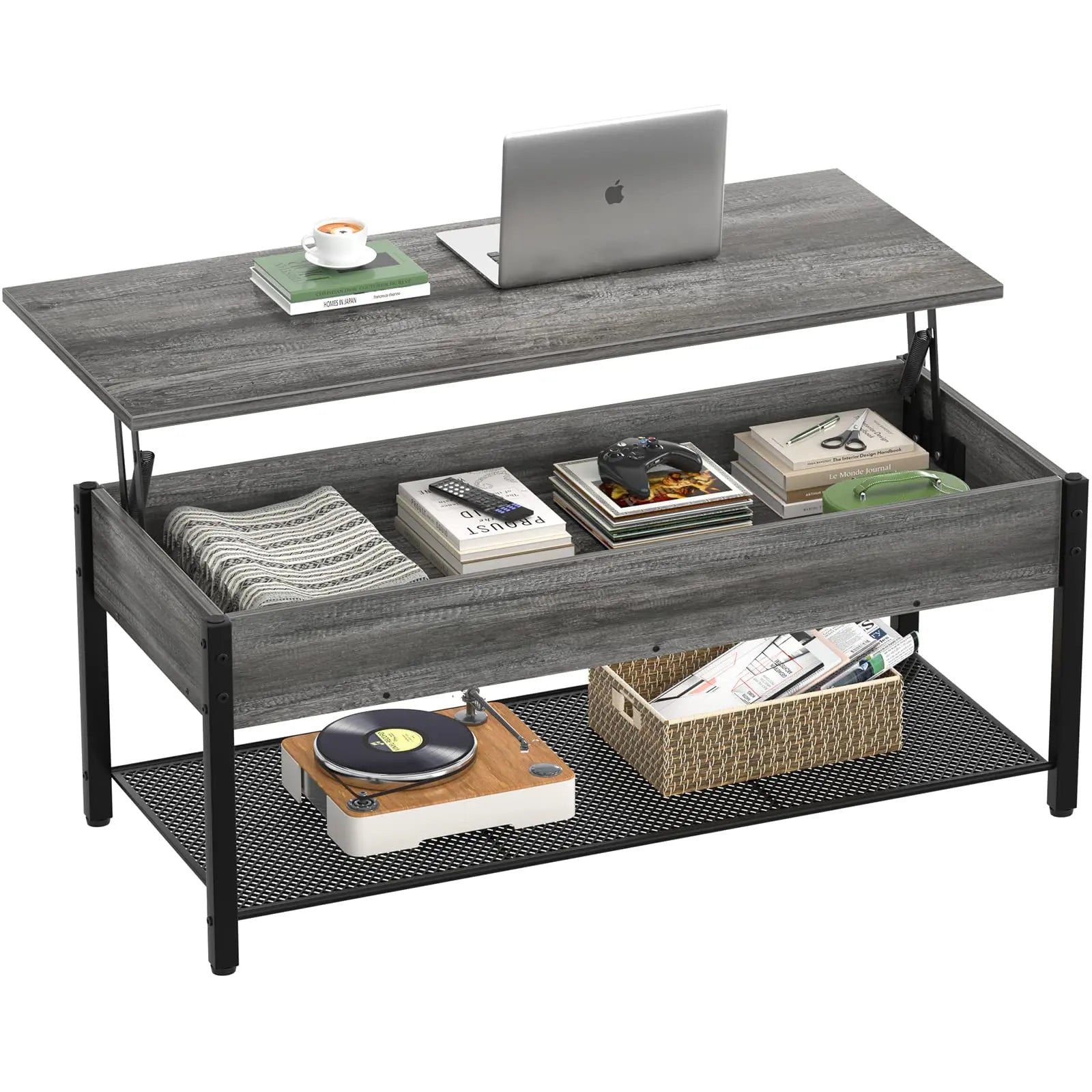 Lift Top Coffee Table with Storage Shelf and Hidden Compartment, Modern Wood and Metal Table for Living Room, Black Oak Homieasy