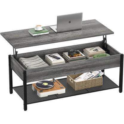 Lift Top Coffee Table with Storage Shelf and Hidden Compartment, Modern Wood and Metal Table for Living Room, Black Oak Homieasy