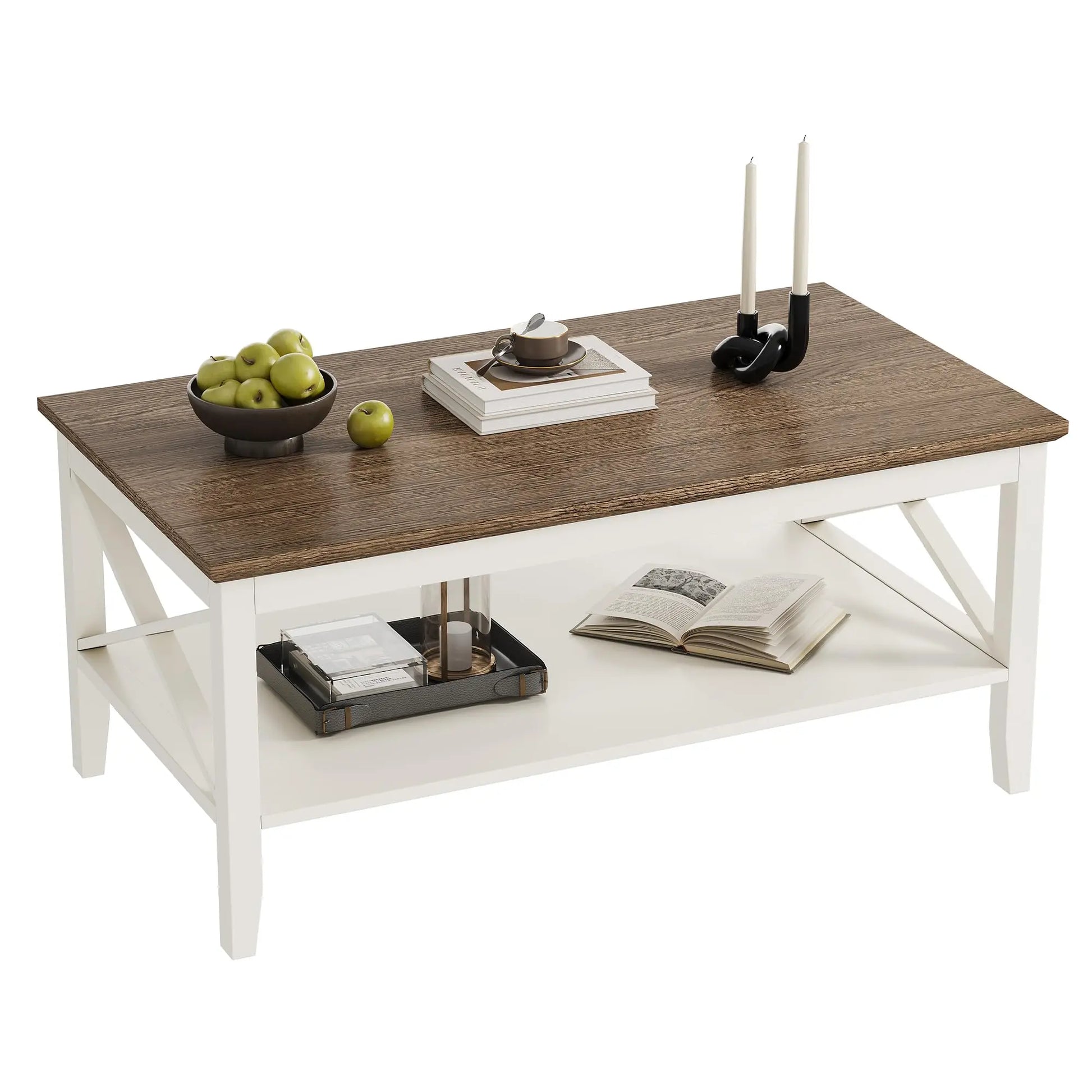 White Wooden Farmhouse Coffee Table with Thick Legs and Storage for Living Room ChooChoo