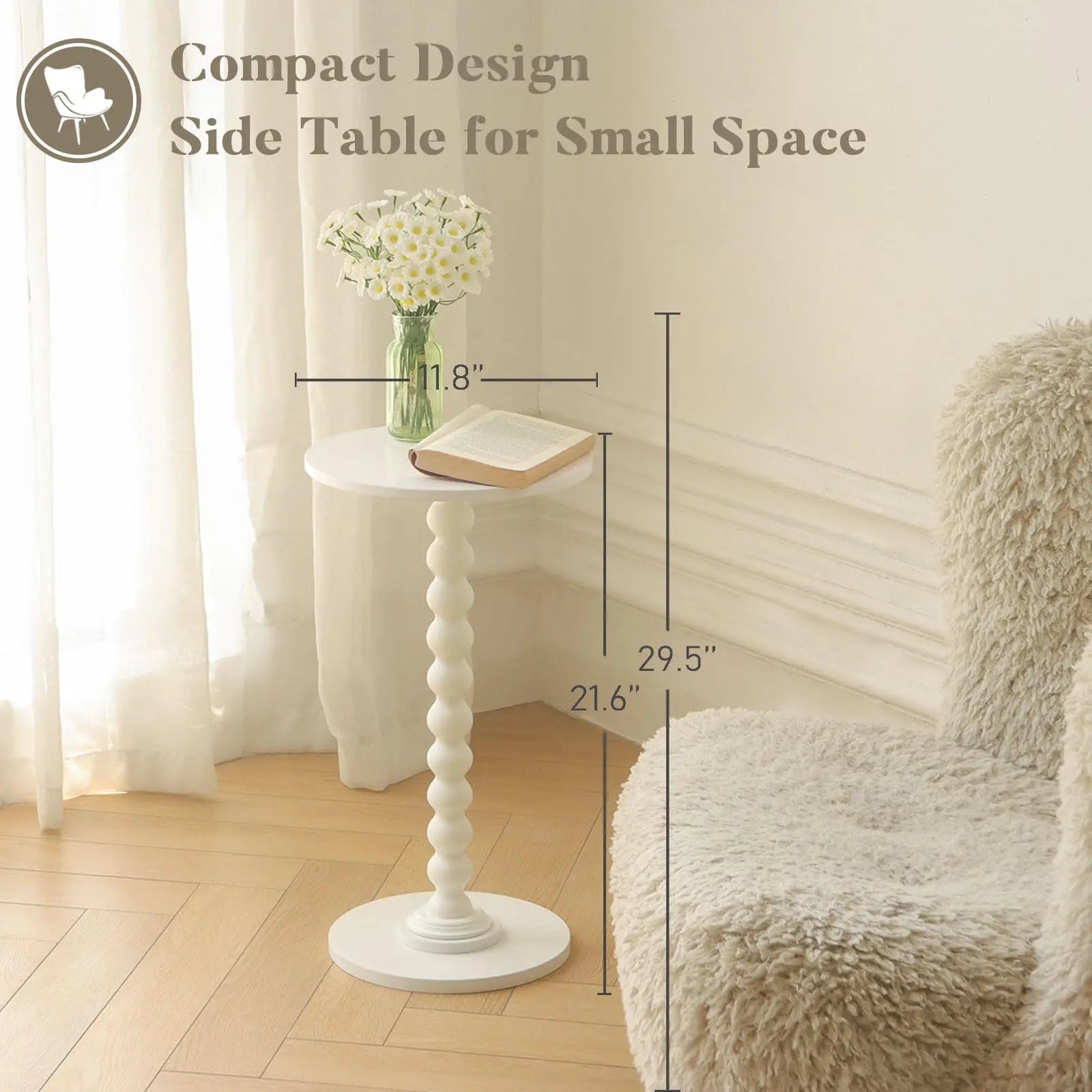 Round Side Table, Small Modern Drink Table with Solid Wood Legs for Living Room, Bedroom, Office, White Fultyle