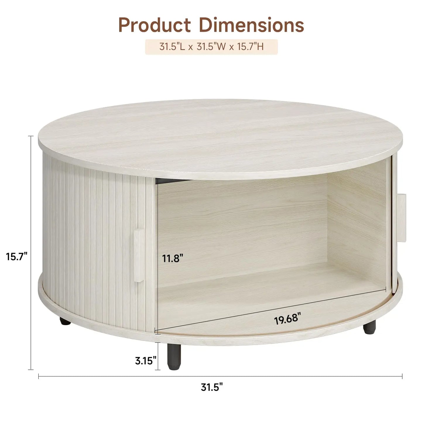 Round Coffee Table with Storage, 31.5" Modern Fluted Wood Table with 360° Sliding Door and Adjustable Footpads, Natural White ONBRILL