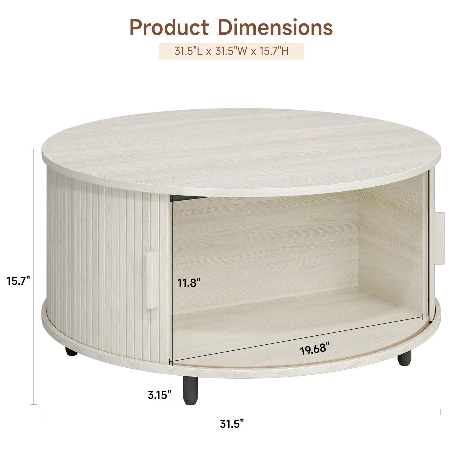 Round Coffee Table with Storage, 31.5" Modern Fluted Wood Table with 360° Sliding Door and Adjustable Footpads, Natural White ONBRILL