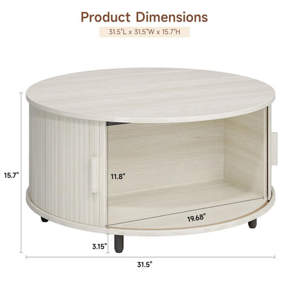 Round Coffee Table with Storage, 31.5" Modern Fluted Wood Table with 360° Sliding Door and Adjustable Footpads, Natural White ONBRILL