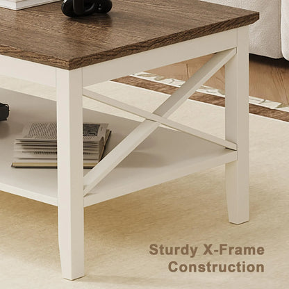 White Wooden Farmhouse Coffee Table with Thick Legs and Storage for Living Room ChooChoo