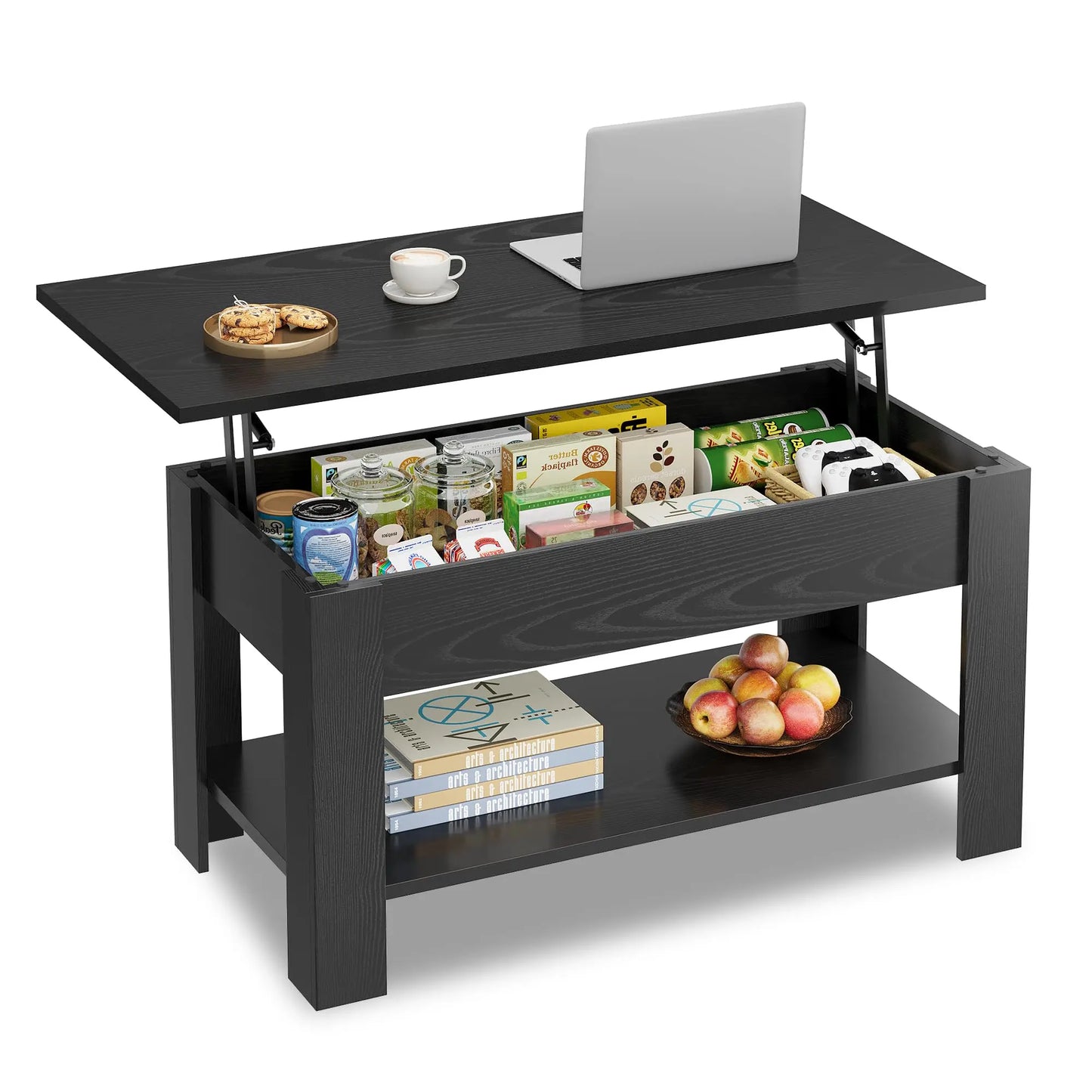 39" Lift Top Coffee Table with Hidden Compartment and Storage Shelf for Living Room or Office, Black Oak WLIVE