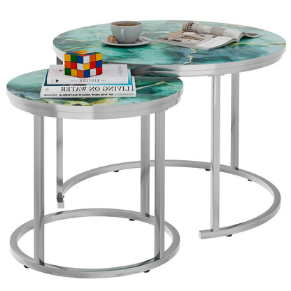 Nesting Coffee Table Set of 2, Round Green Art Top Tables with Sturdy Metal Frame for Living Room or Bedroom, Modern Industrial Style aboxoo