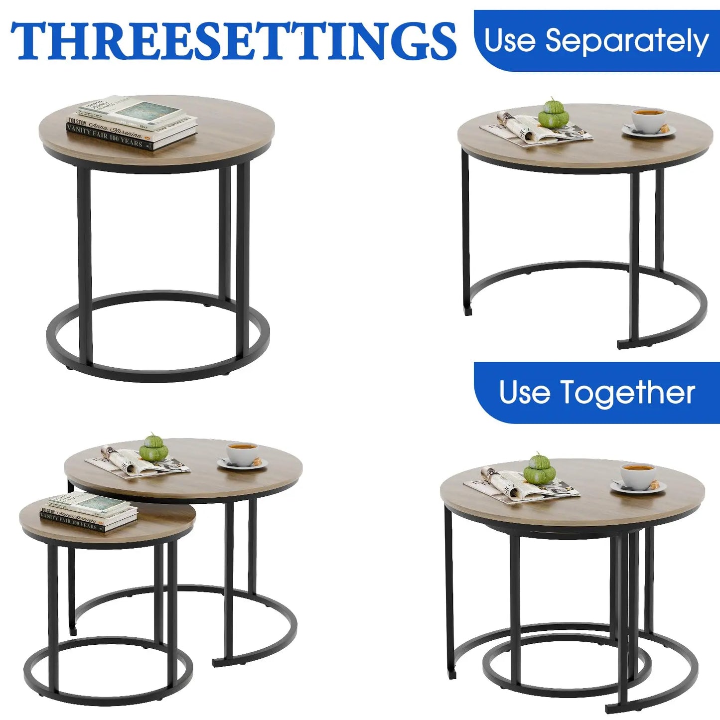 Nesting Coffee Table Set of 2, Round End Tables with Sturdy Metal Frame for Living Room or Bedroom, Oak aboxoo