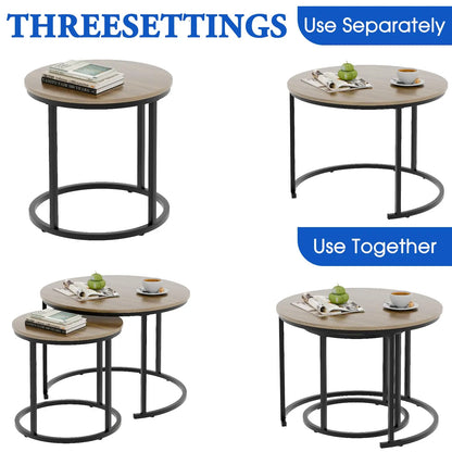 Nesting Coffee Table Set of 2, Round End Tables with Sturdy Metal Frame for Living Room or Bedroom, Oak aboxoo